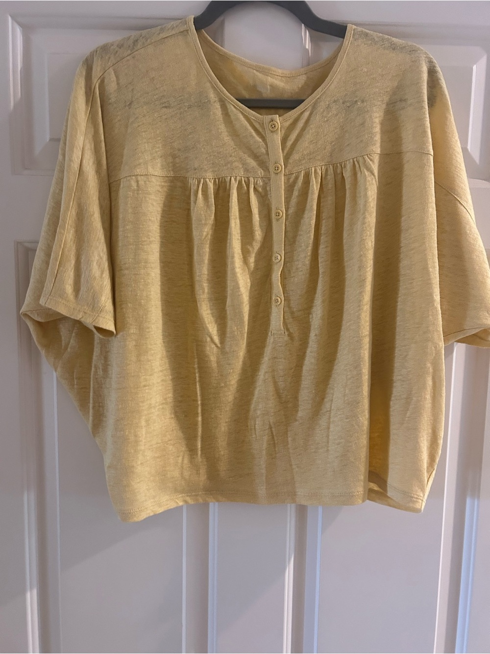 Garnet Hill Yellow Button-Front Gathered Henley Blouse